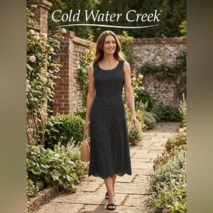 Coldwater Creek Black & White Polka Dot Sleeveless Midi Dress with green edging